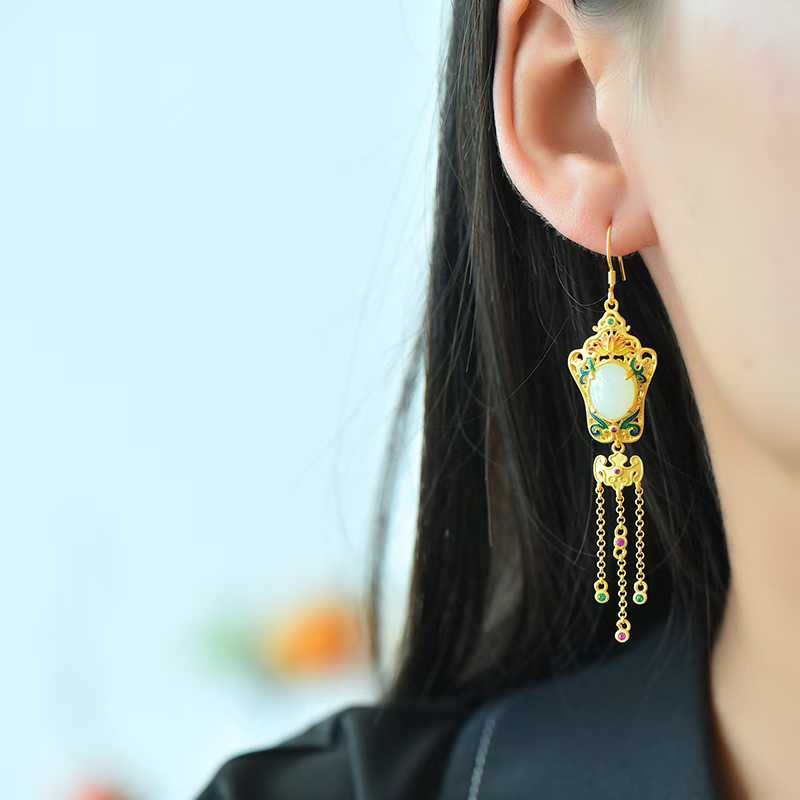 925 Silver Inlaid Hetian Nephrite "Lotus, Blessing, Longevity & Ruyi" Enamel Tassel Earrings - jewelry - weilin.com