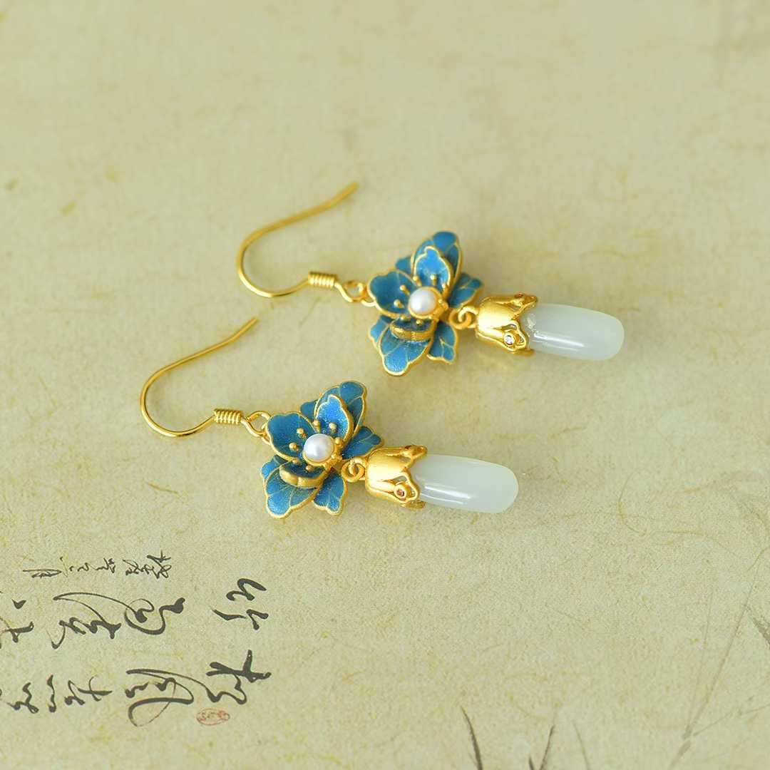 925 Silver Inlaid Hetian Nephrite "Lotus Charm in Gentle Breeze" Earrings - jewelry - weilin.com