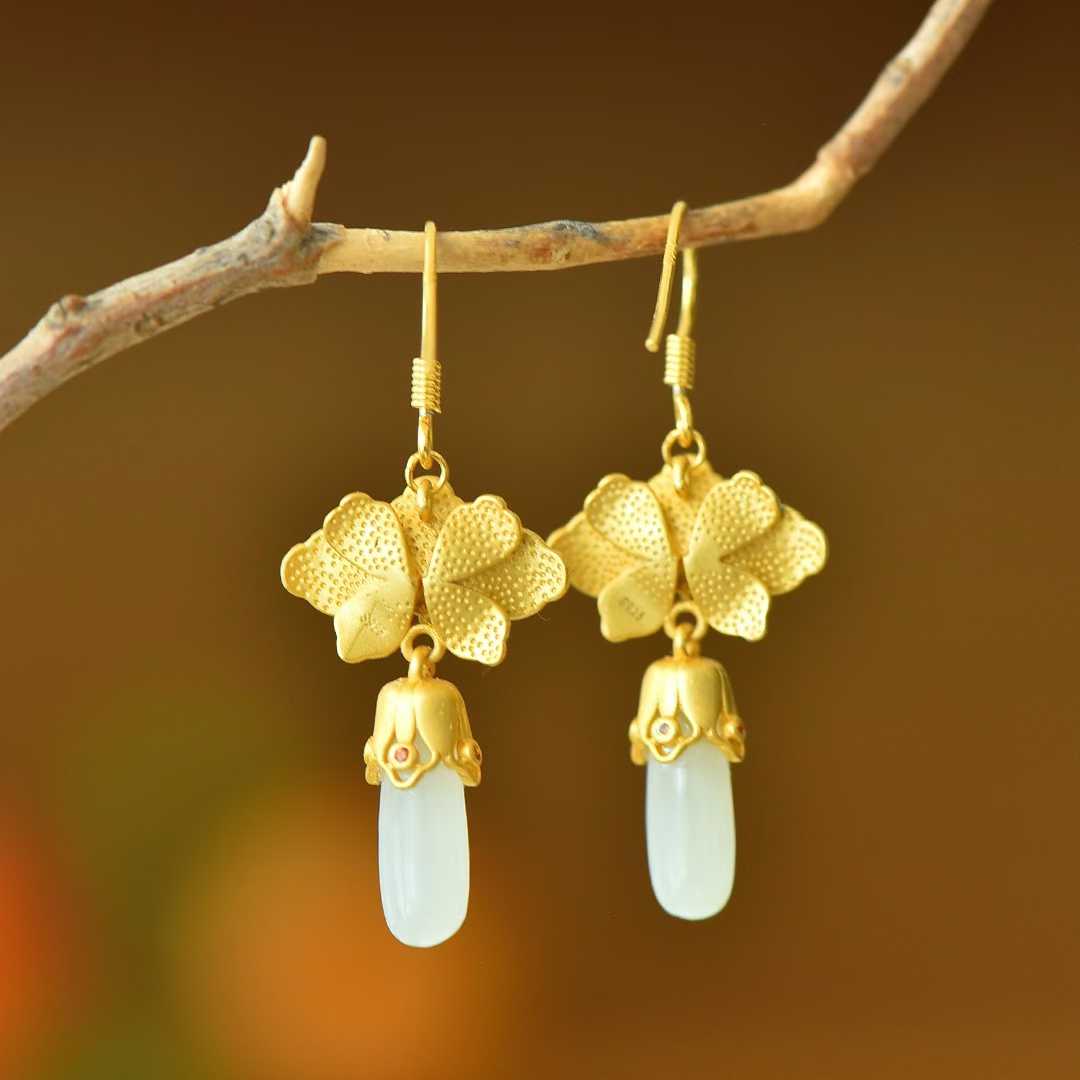 925 Silver Inlaid Hetian Nephrite "Lotus Charm in Gentle Breeze" Earrings - jewelry - weilin.com