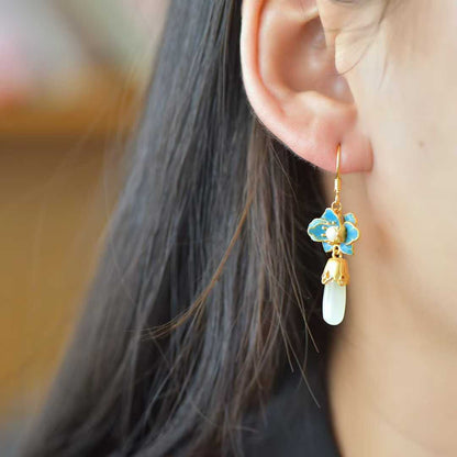 925 Silver Inlaid Hetian Nephrite "Lotus Charm in Gentle Breeze" Earrings - jewelry - weilin.com