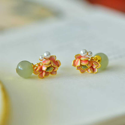 925 Silver Inlaid Hetian Nephrite Lotus Earrings - jewelry - weilin.com