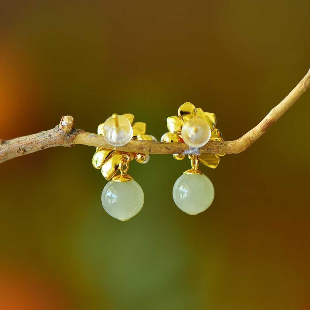 925 Silver Inlaid Hetian Nephrite Lotus Earrings - jewelry - weilin.com