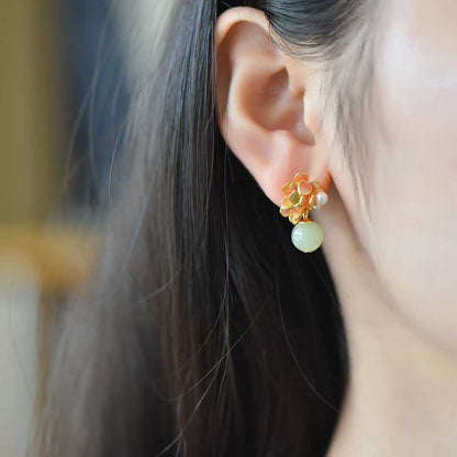 925 Silver Inlaid Hetian Nephrite Lotus Earrings - jewelry - weilin.com