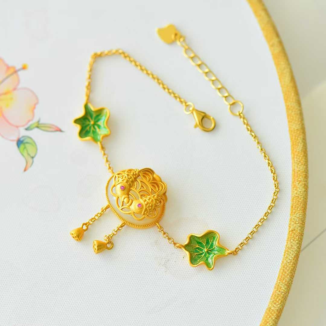 925 Silver Inlaid Hetian Nephrite "Lotus & Fish (Year After Year Abundance)" Bracelet - jewelry - weilin.com