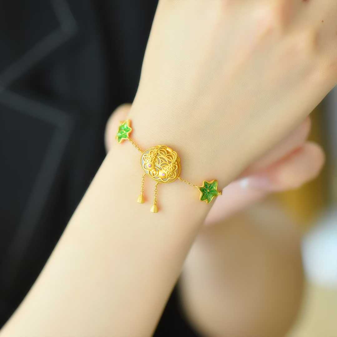 925 Silver Inlaid Hetian Nephrite "Lotus & Fish (Year After Year Abundance)" Bracelet - jewelry - weilin.com