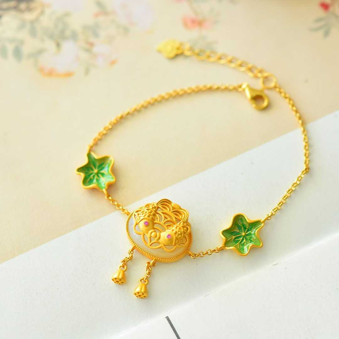 925 Silver Inlaid Hetian Nephrite "Lotus & Fish (Year After Year Abundance)" Bracelet - jewelry - weilin.com