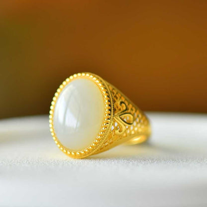925 Silver Inlaid Hetian Nephrite "Love at First Sight" Cabochon Ring - jewelry - weilin.com