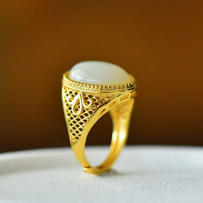 925 Silver Inlaid Hetian Nephrite "Love at First Sight" Cabochon Ring - jewelry - weilin.com
