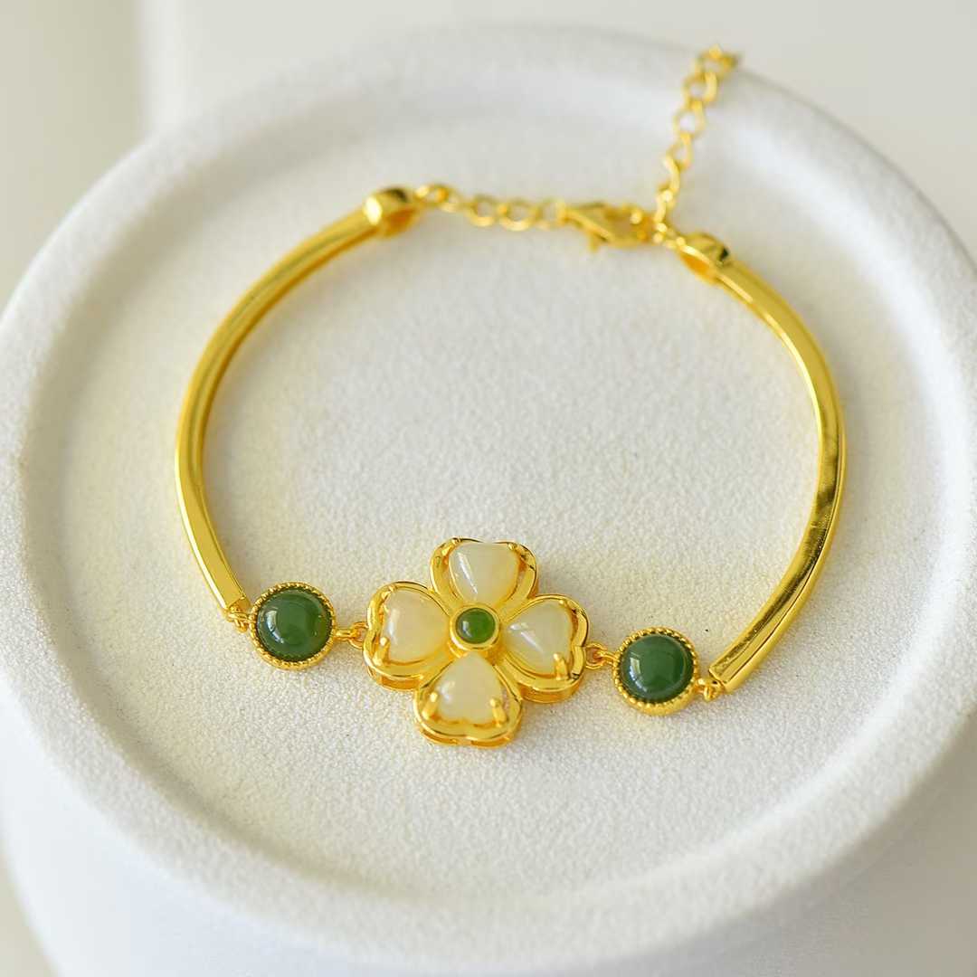 925 Silver Inlaid Hetian Nephrite "Luck Arrives" Four - Leaf Clover Bracelet - jewelry - weilin.com