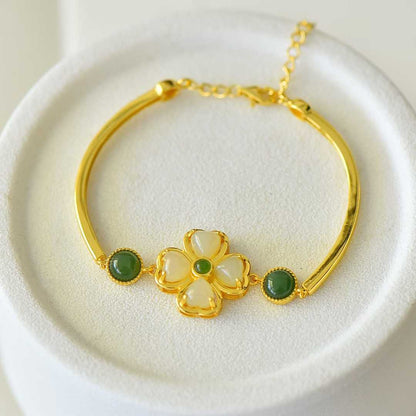 925 Silver Inlaid Hetian Nephrite "Luck Arrives" Four - Leaf Clover Bracelet - jewelry - weilin.com