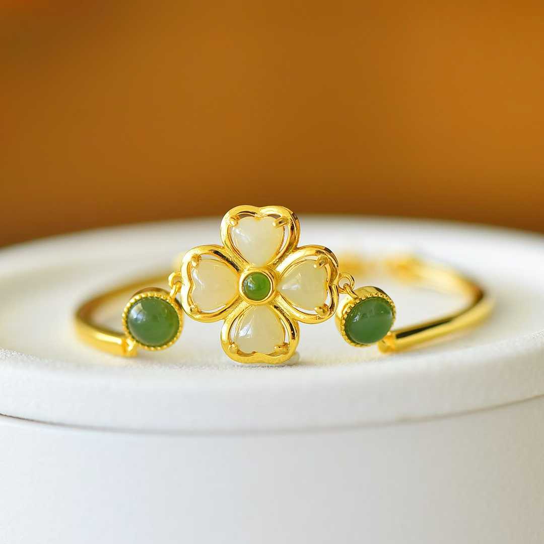 925 Silver Inlaid Hetian Nephrite "Luck Arrives" Four - Leaf Clover Bracelet - jewelry - weilin.com