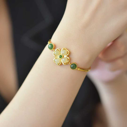 925 Silver Inlaid Hetian Nephrite "Luck Arrives" Four - Leaf Clover Bracelet - jewelry - weilin.com