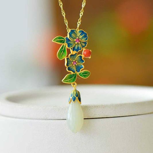 925 Silver Inlaid Hetian Nephrite "Magnolia & Ruyi Blossoming Fortune" Retro Pendant - jewelry - weilin.com