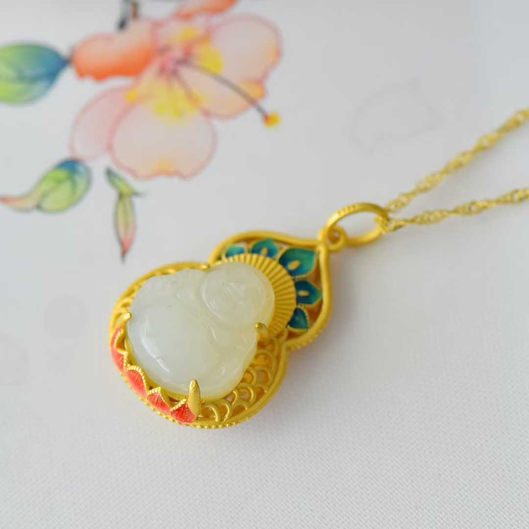 925 Silver Inlaid Hetian Nephrite "Maitreya Buddha & Gourd Enamel" Pendant - jewelry - weilin.com