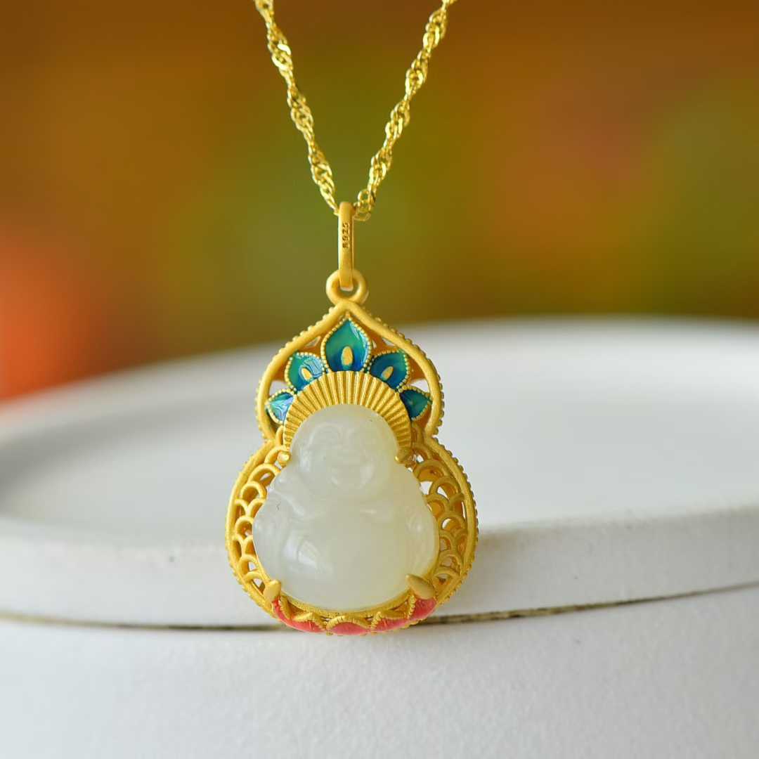 925 Silver Inlaid Hetian Nephrite "Maitreya Buddha & Gourd Enamel" Pendant - jewelry - weilin.com