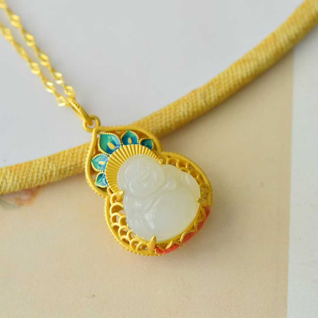 925 Silver Inlaid Hetian Nephrite "Maitreya Buddha & Gourd Enamel" Pendant - jewelry - weilin.com