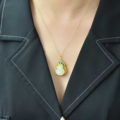 925 Silver Inlaid Hetian Nephrite "Maitreya Buddha & Gourd Enamel" Pendant - jewelry - weilin.com