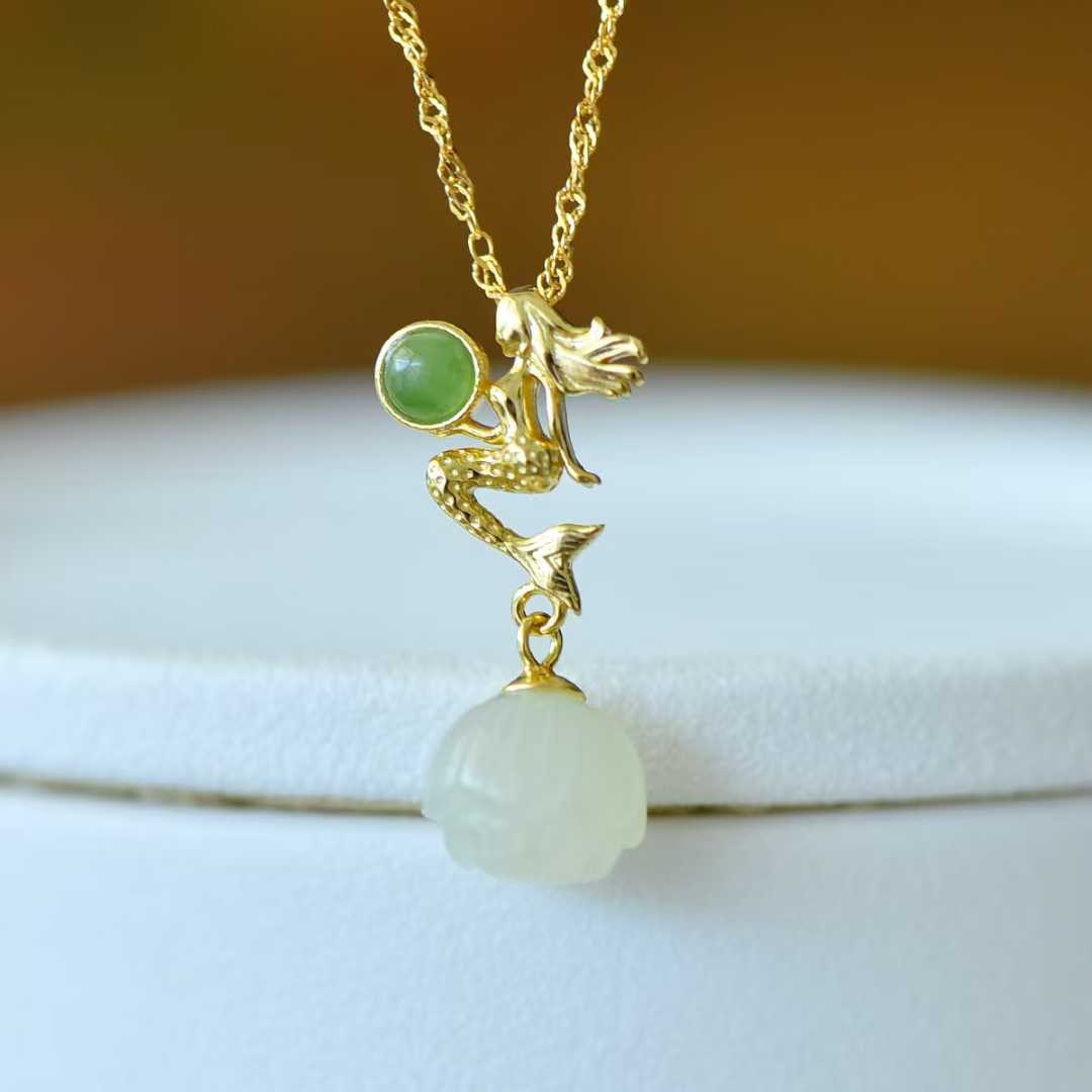 925 Silver Inlaid Hetian Nephrite "Mermaid" Pendant - jewelry - weilin.com