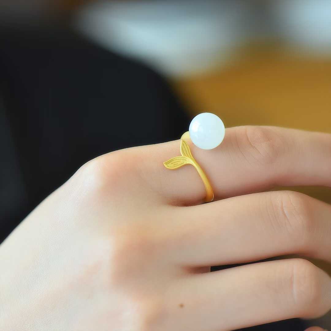 925 Silver Inlaid Hetian Nephrite Mermaid Tail Ring - jewelry - weilin.com