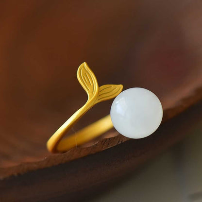 925 Silver Inlaid Hetian Nephrite Mermaid Tail Ring - jewelry - weilin.com