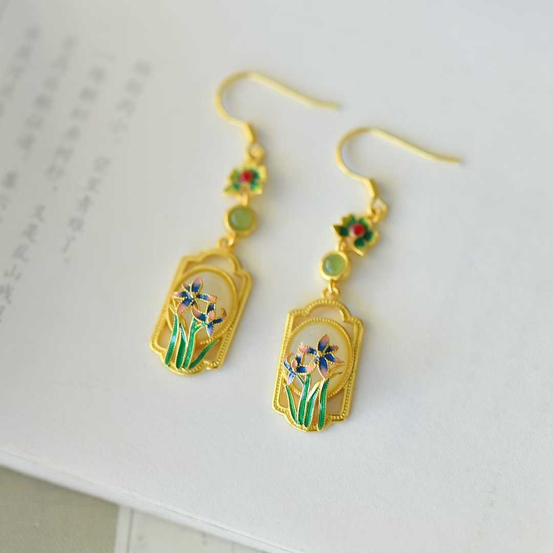 925 Silver Inlaid Hetian Nephrite "Orchid & Ruyi" Earrings - jewelry - weilin.com