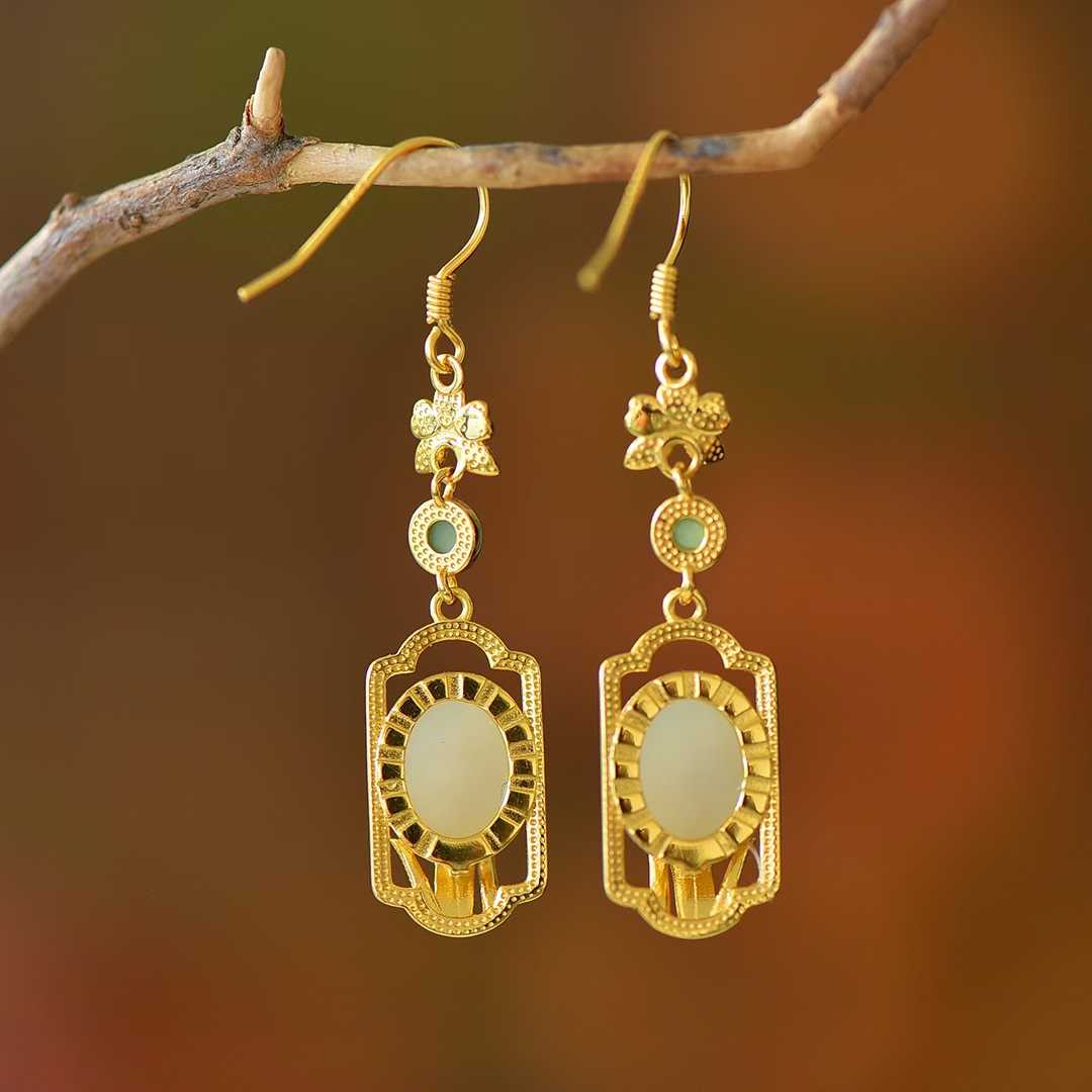 925 Silver Inlaid Hetian Nephrite "Orchid & Ruyi" Earrings - jewelry - weilin.com