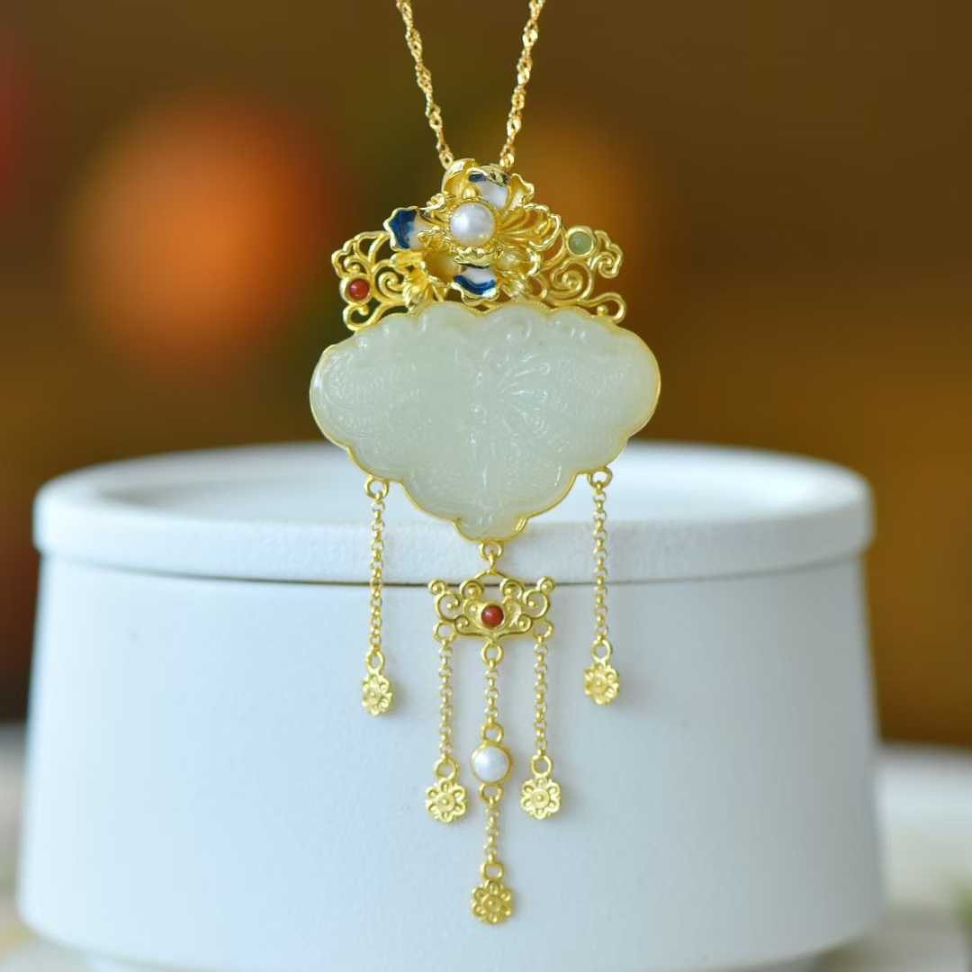 925 Silver Inlaid Hetian Nephrite "Orioles Singing & Butterflies Dancing" Tassel Pendant - jewelry - weilin.com