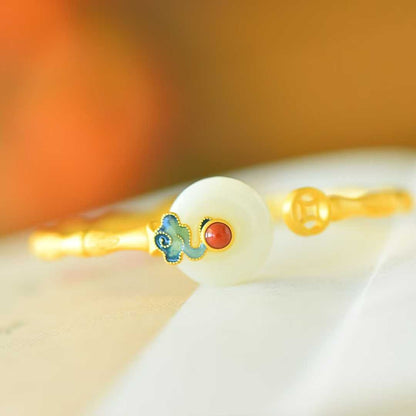 925 Silver Inlaid Hetian Nephrite "Peace Buckle & Auspicious Clouds" Bracelet - jewelry - weilin.com