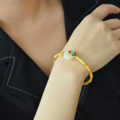 925 Silver Inlaid Hetian Nephrite "Peace Buckle & Auspicious Clouds" Bracelet - jewelry - weilin.com