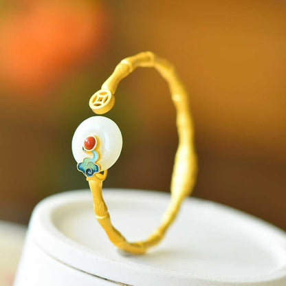 925 Silver Inlaid Hetian Nephrite "Peace Buckle & Auspicious Clouds" Bracelet - jewelry - weilin.com