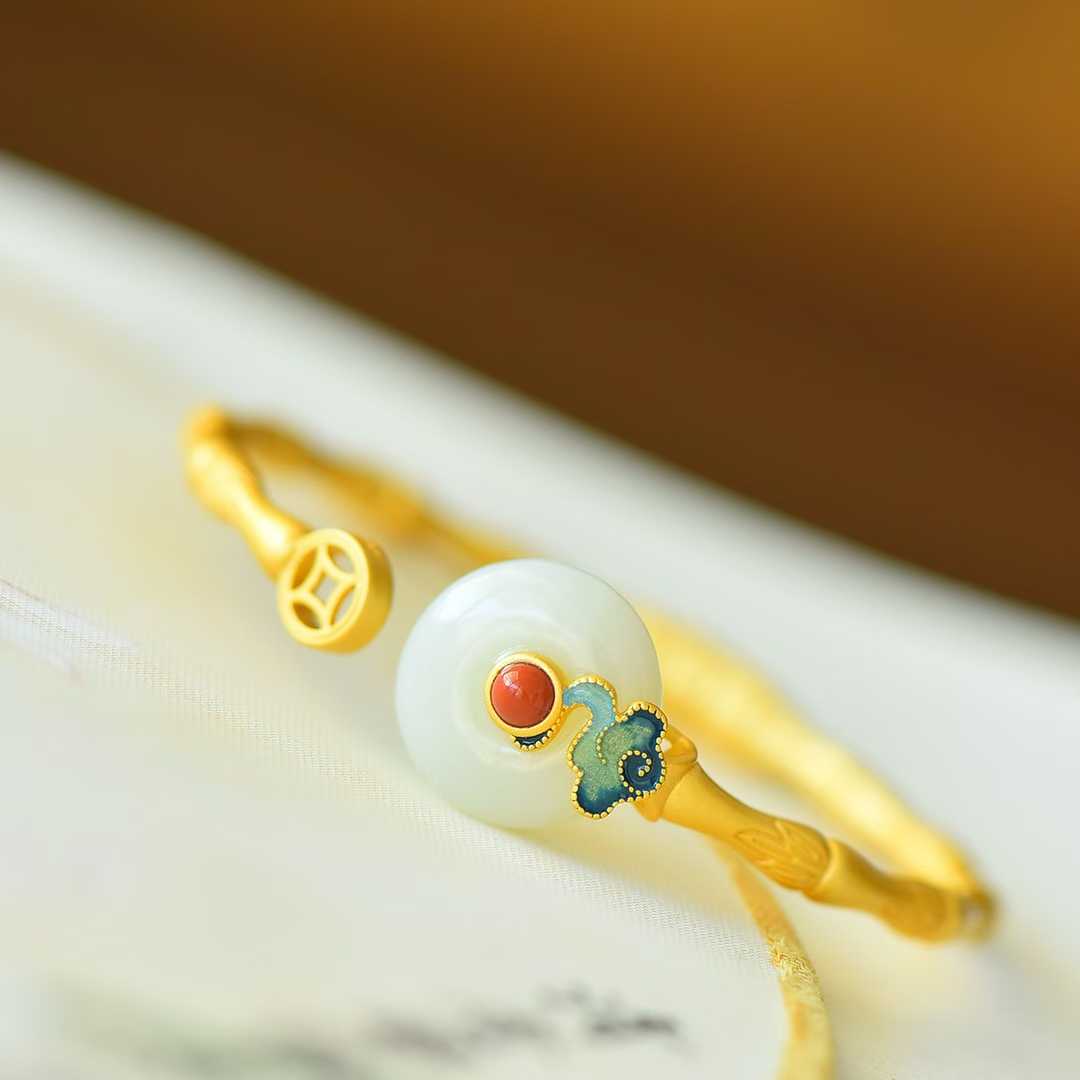 925 Silver Inlaid Hetian Nephrite "Peace Buckle & Auspicious Clouds" Bracelet - jewelry - weilin.com