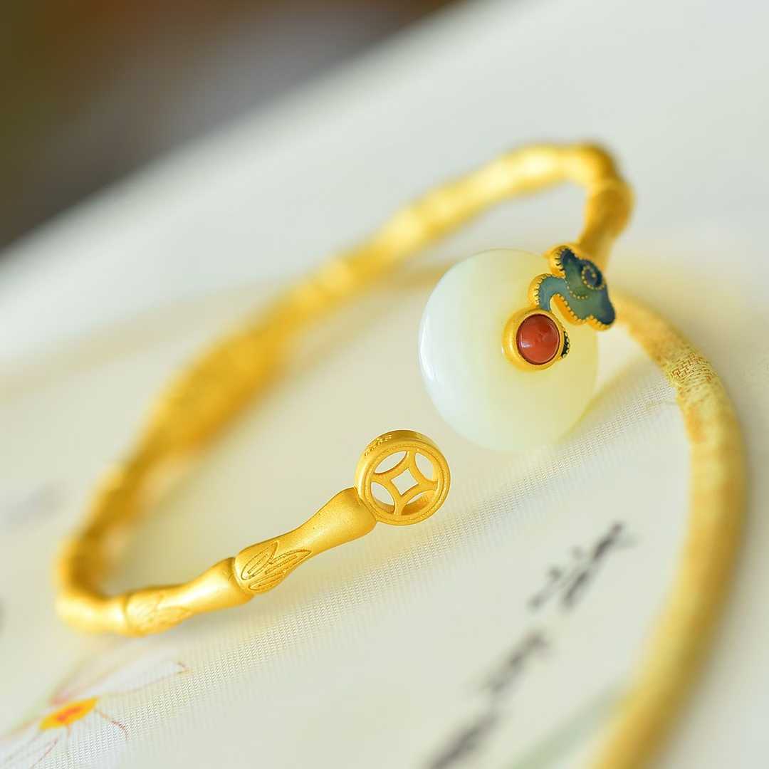 925 Silver Inlaid Hetian Nephrite "Peace Buckle & Auspicious Clouds" Bracelet - jewelry - weilin.com