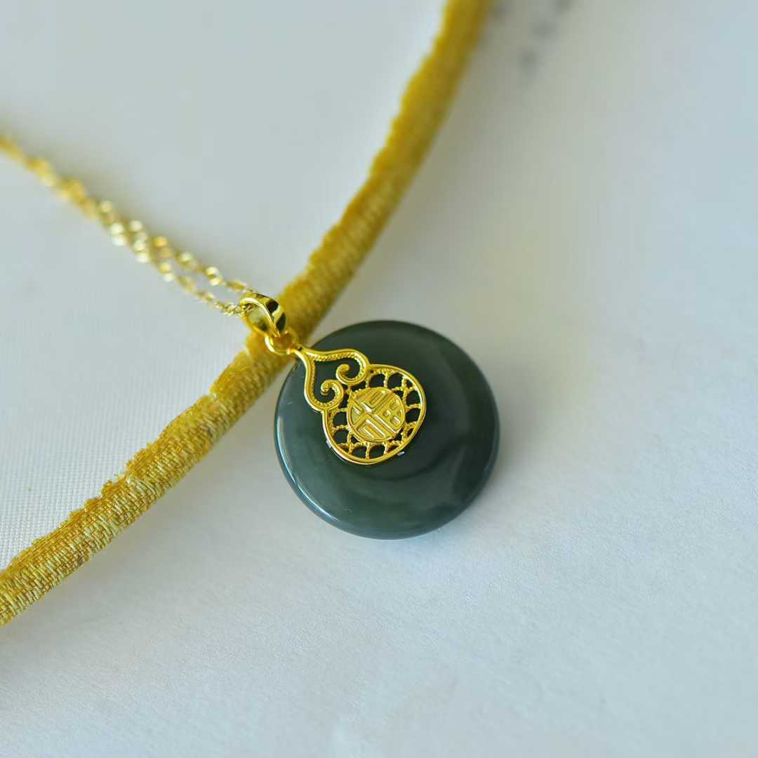 925 Silver Inlaid Hetian Nephrite "Peace Buckle & Gourd" Pendant - jewelry - weilin.com