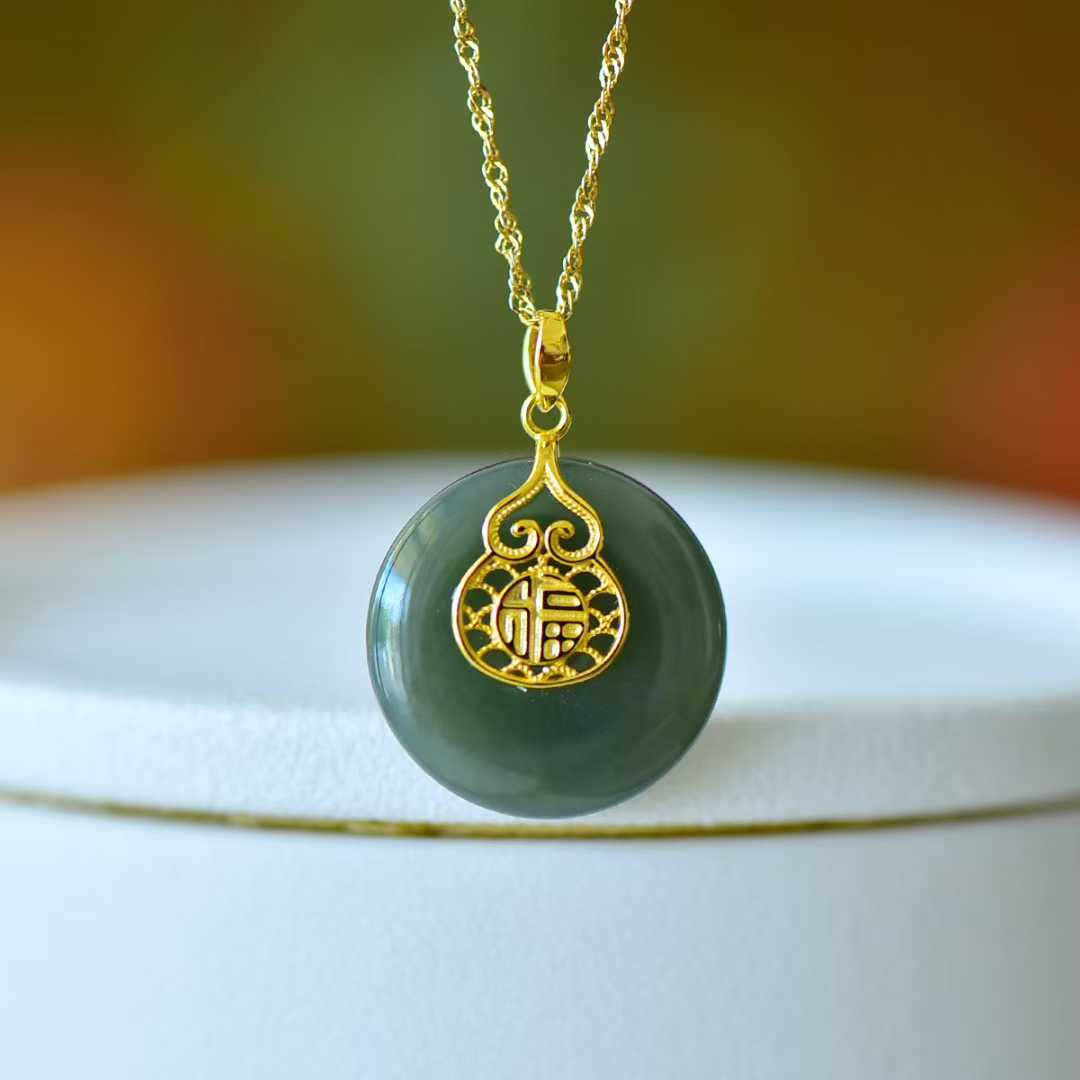 925 Silver Inlaid Hetian Nephrite "Peace Buckle & Gourd" Pendant - jewelry - weilin.com