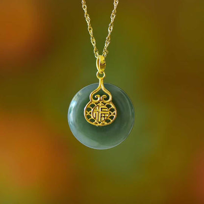 925 Silver Inlaid Hetian Nephrite "Peace Buckle & Gourd" Pendant - jewelry - weilin.com