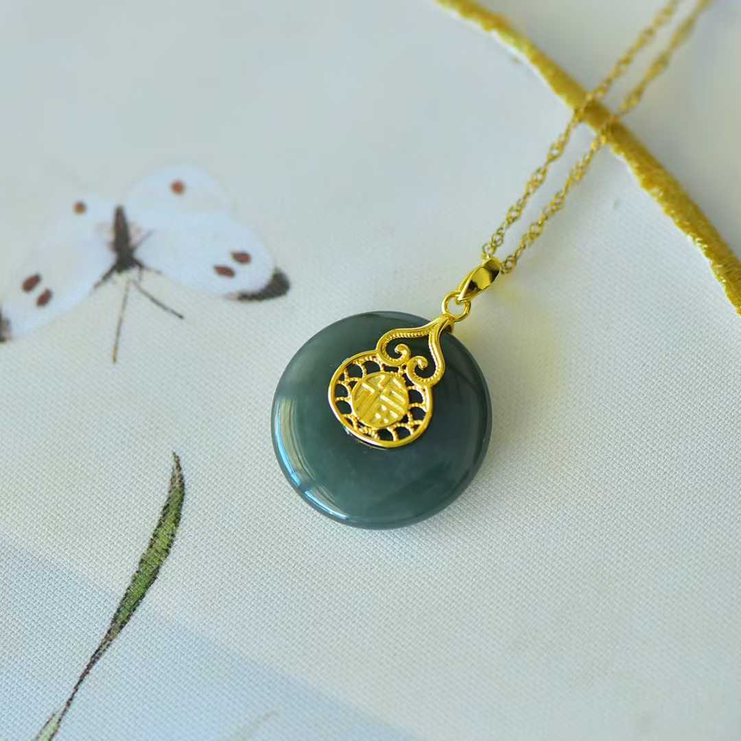 925 Silver Inlaid Hetian Nephrite "Peace Buckle & Gourd" Pendant - jewelry - weilin.com