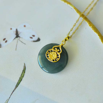925 Silver Inlaid Hetian Nephrite "Peace Buckle & Gourd" Pendant - jewelry - weilin.com
