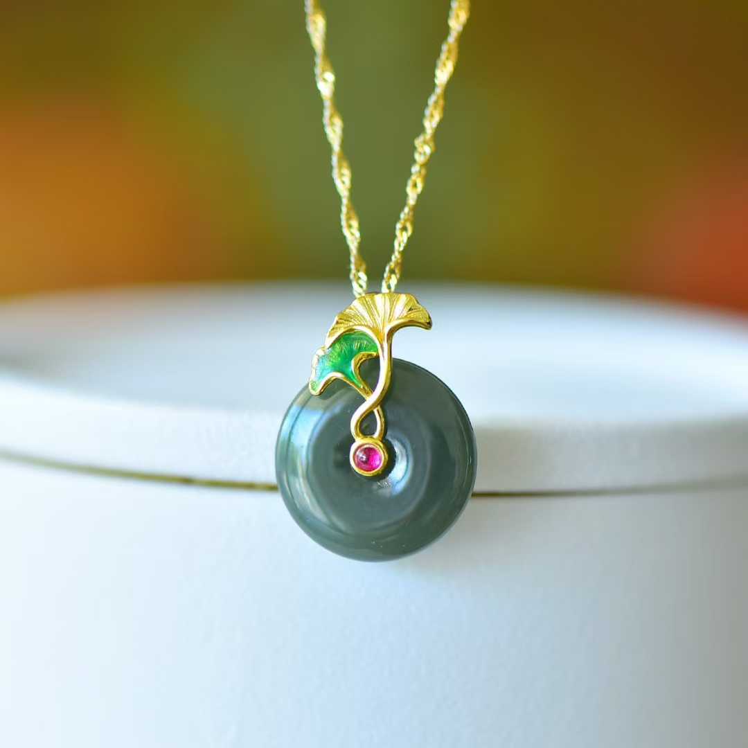 925 Silver Inlaid Hetian Nephrite "Peace Buckle & Lifetime of Good Fortune" Pendant - jewelry - weilin.com