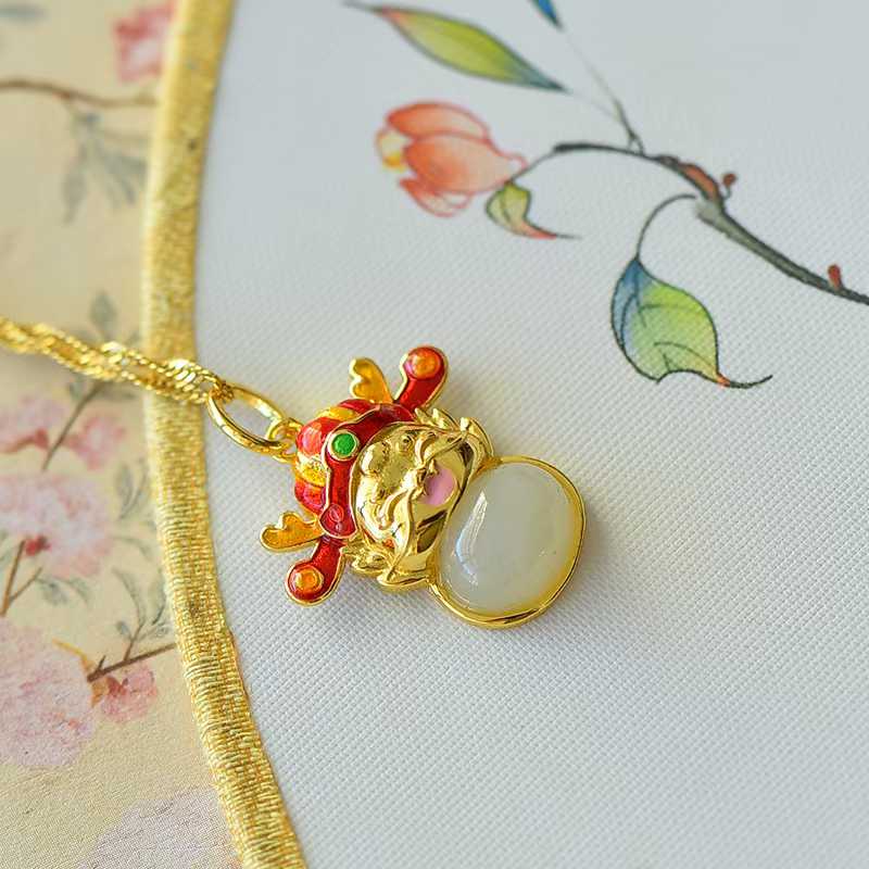 925 Silver Inlaid Hetian Nephrite "Peace Buckle & Rolling Wealth" God of Wealth Dragon Pendant - jewelry - weilin.com