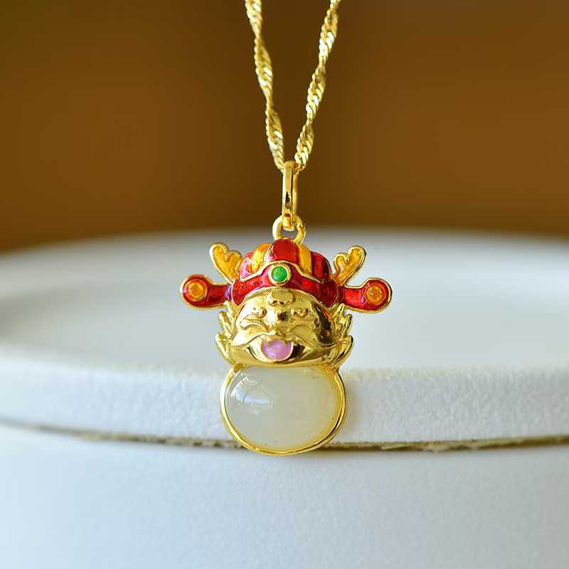 925 Silver Inlaid Hetian Nephrite "Peace Buckle & Rolling Wealth" God of Wealth Dragon Pendant - jewelry - weilin.com