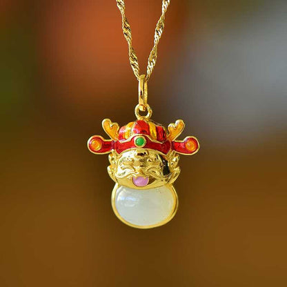 925 Silver Inlaid Hetian Nephrite "Peace Buckle & Rolling Wealth" God of Wealth Dragon Pendant - jewelry - weilin.com