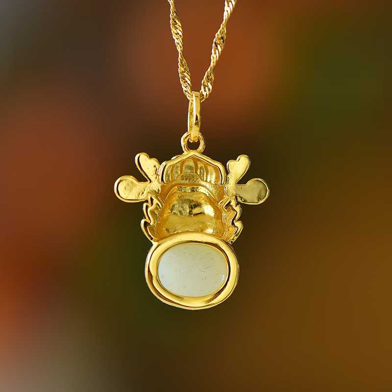 925 Silver Inlaid Hetian Nephrite "Peace Buckle & Rolling Wealth" God of Wealth Dragon Pendant - jewelry - weilin.com