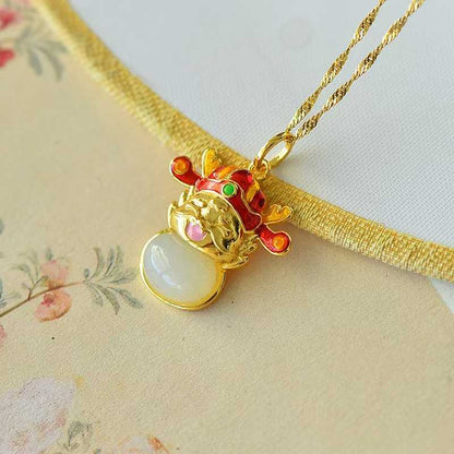925 Silver Inlaid Hetian Nephrite "Peace Buckle & Rolling Wealth" God of Wealth Dragon Pendant - jewelry - weilin.com