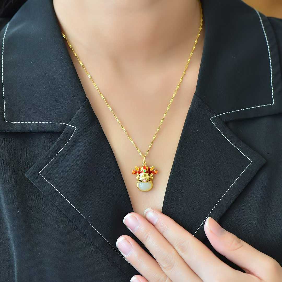 925 Silver Inlaid Hetian Nephrite "Peace Buckle & Rolling Wealth" God of Wealth Dragon Pendant - jewelry - weilin.com