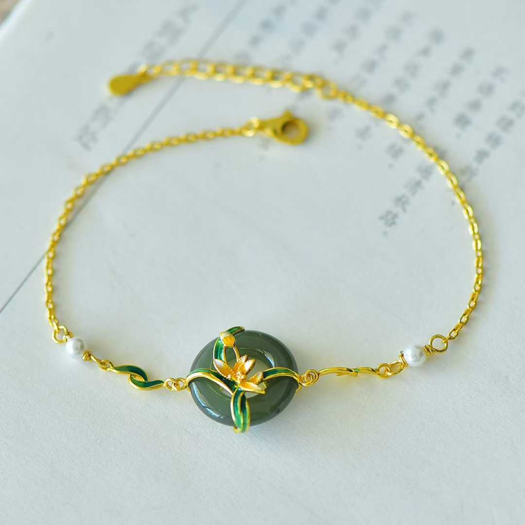 925 Silver Inlaid Hetian Nephrite Peace Ring & Lotus Bracelet - jewelry - weilin.com