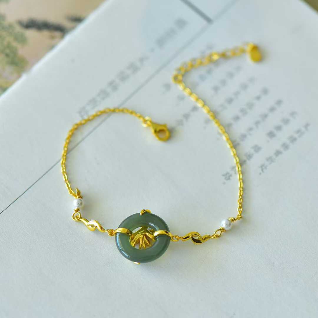 925 Silver Inlaid Hetian Nephrite Peace Ring & Lotus Bracelet - jewelry - weilin.com
