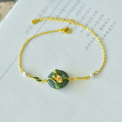 925 Silver Inlaid Hetian Nephrite Peace Ring & Lotus Bracelet - jewelry - weilin.com