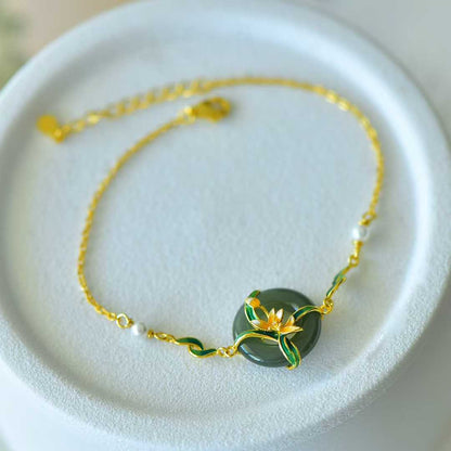 925 Silver Inlaid Hetian Nephrite Peace Ring & Lotus Bracelet - jewelry - weilin.com