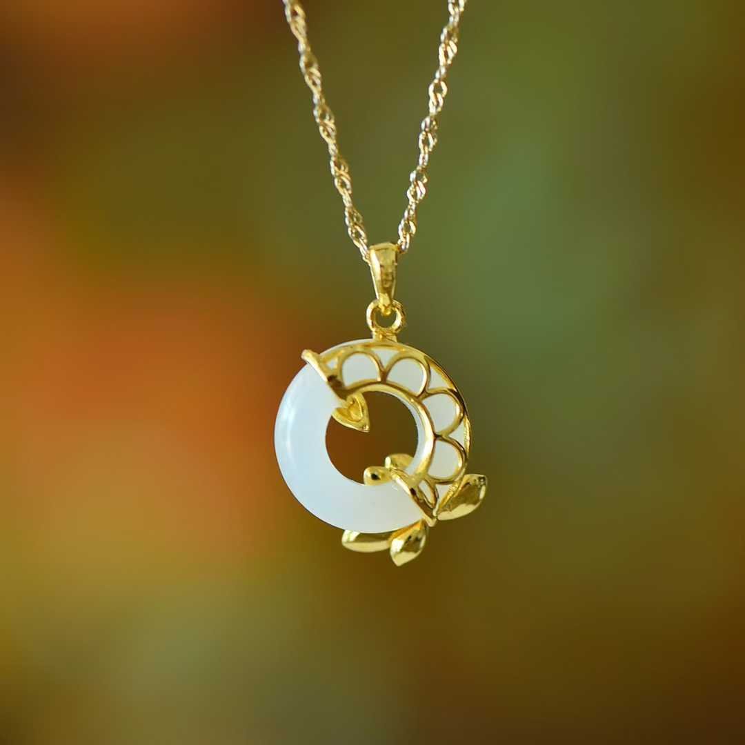 925 Silver Inlaid Hetian Nephrite Peace Ring & Lotus Pendant - jewelry - weilin.com