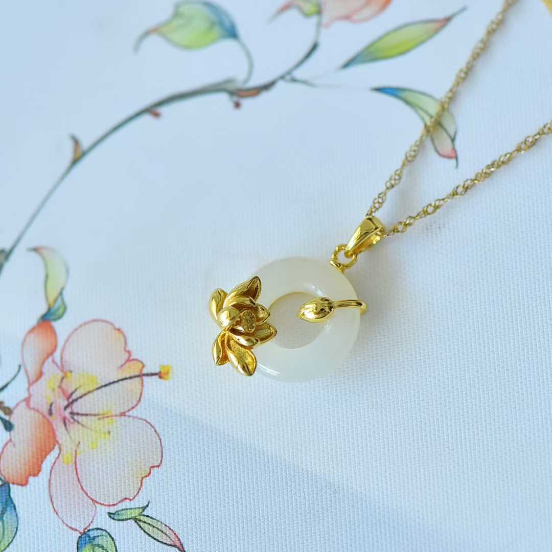 925 Silver Inlaid Hetian Nephrite Peace Ring & Lotus Pendant - jewelry - weilin.com